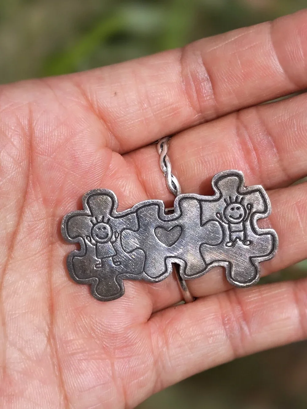 Vintage solid 925 sterling silver Autism awareness children heart puzzle pieces